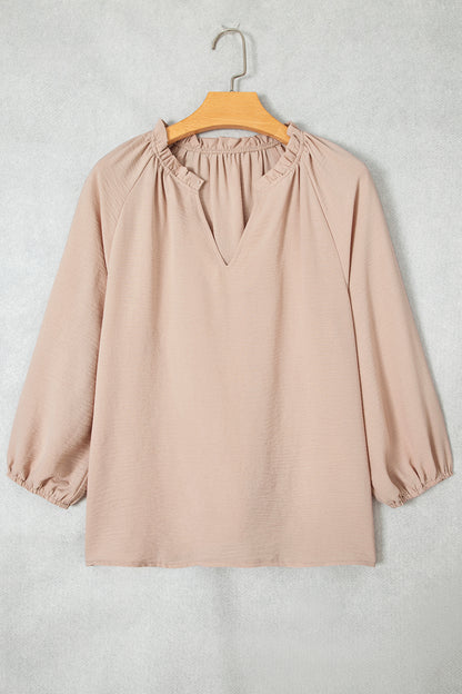 Parchment V Neck Gathered Cuff Three Quarter Sleeve Blouse