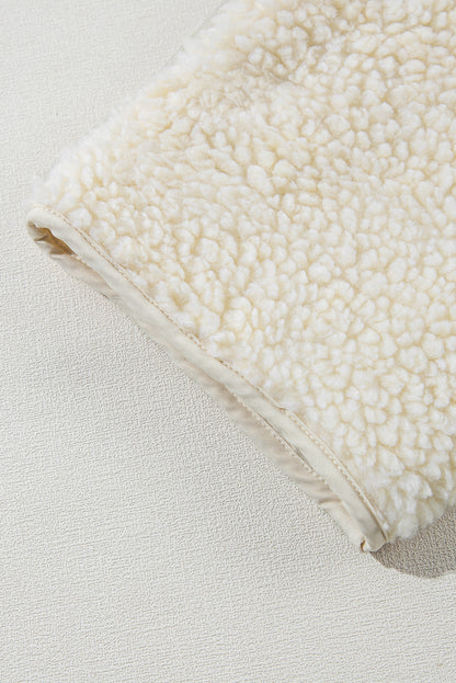 Beige Fleece Zip Up Drawstring Hooded Pocketed Jacket