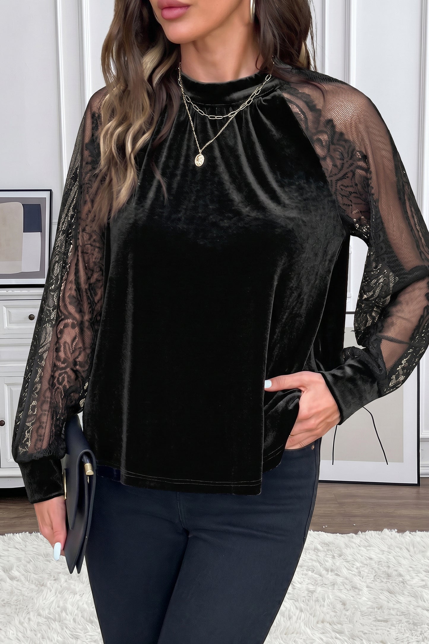 Color Black Solid Color Sheer Lace Long Sleeve Patchwork Stand Neck Velvet Blouse