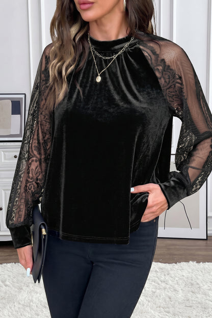 Color Black Solid Color Sheer Lace Long Sleeve Patchwork Stand Neck Velvet Blouse