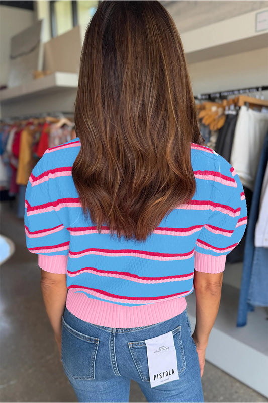 Sky Blue Stripe Colorblock Trim Half Sleeve Sweater Top
