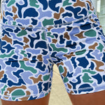 Sky Blue Abstract Camo Printed Seam Detail Biker Shorts
