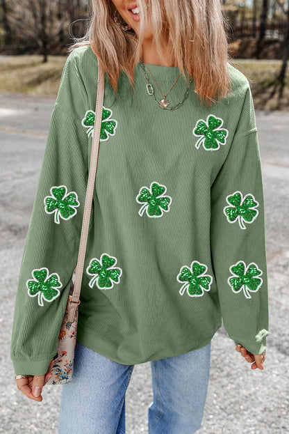 Sweat-shirt côtelé vert gazon à motif trèfle à quatre feuilles de la Saint-Patrick