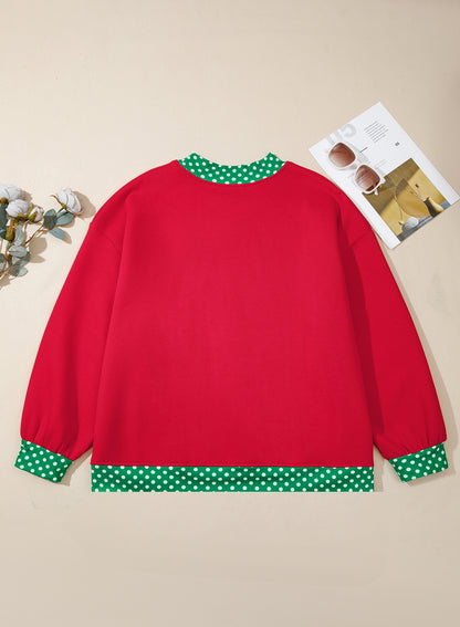 Racing Red Polka Dot Patchwork Round Neck Plus Size Sweatshirt