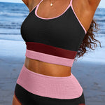 Burgundy Color Block High Waisted Sexy Bikini Set