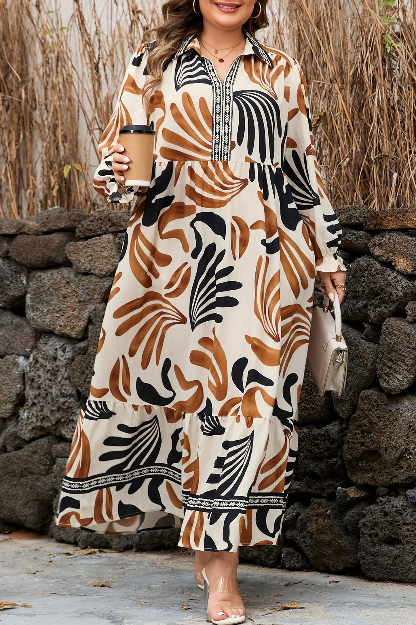 White Plus Size Abstract Print Contrast Collar Split Neck Shift Long Dress
