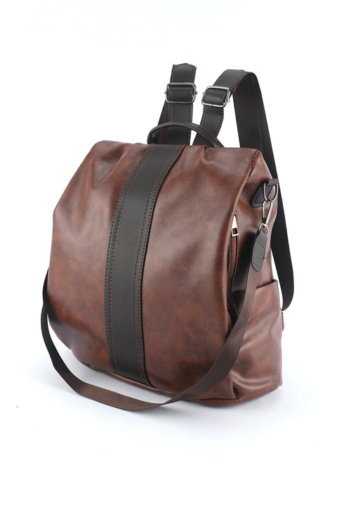 Brown Retro Faux Leather Multi-Functional Zipper Backpack