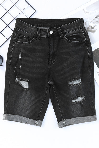 Short bermuda en jean effet vieilli et retroussé 