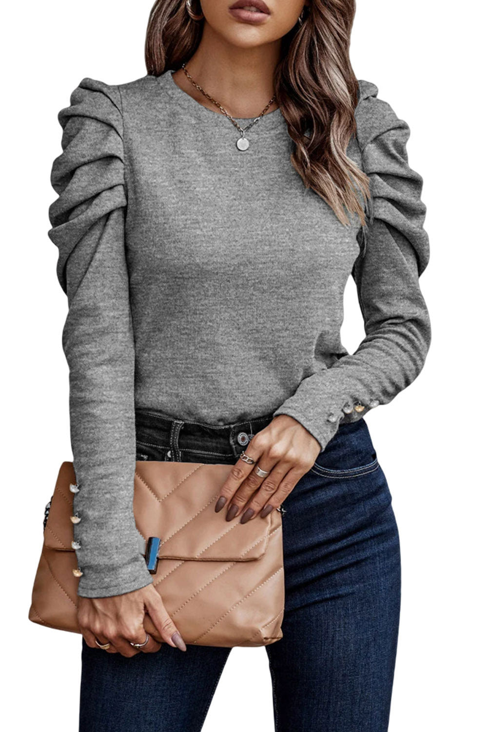 Haut fourreau vert boutonné à manches longues bouffantes