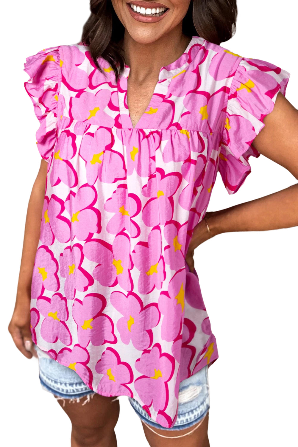 Chemisier babydoll à manches volantées et motif floral rose