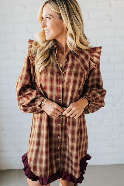 Red Plaid Print Ruffled Long Sleeve Patchwork Hem Mini Shirt Dress