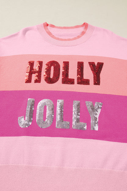 Pink Sequined HOLLY JOLLY Color Block Crew Neck Sweater