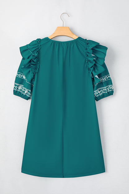 Robe courte à volants et col en V style bohème à fleurs et lacets, manches bouffantes et volants, Skobeloff