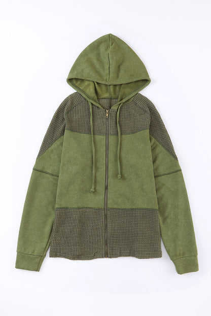 Khaki Waffle Patchwork Vintage Washed Hooded Jacket