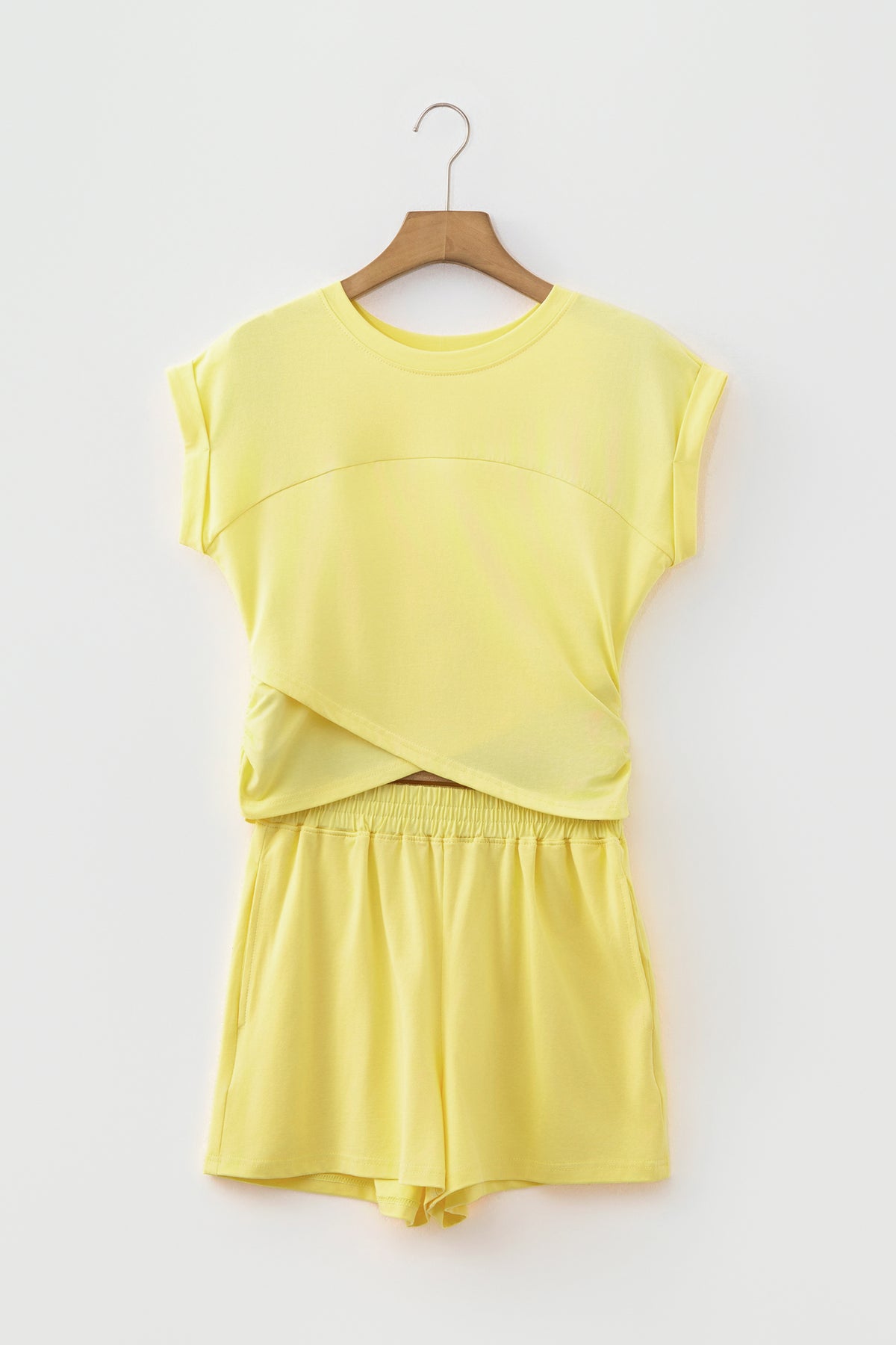 Yellow Cream Solid Short Sleeve Elastic Waist Pocket Casual Two Piece Short Set