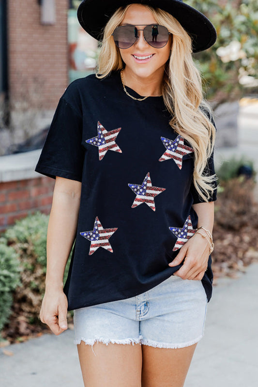 Black Sequined American Flag Star Graphic T Shirt
