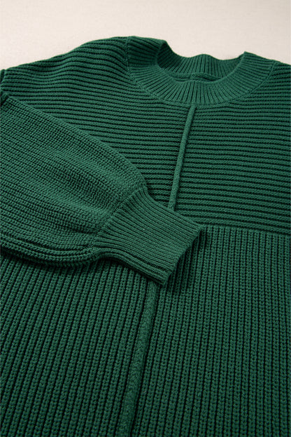 Pull ras du cou à manches lanternes en tricot texturé vert noirâtre