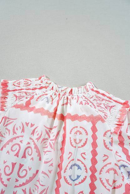 Chemisier à manches bouffantes et col poète smocké imprimé vintage fleur du désert