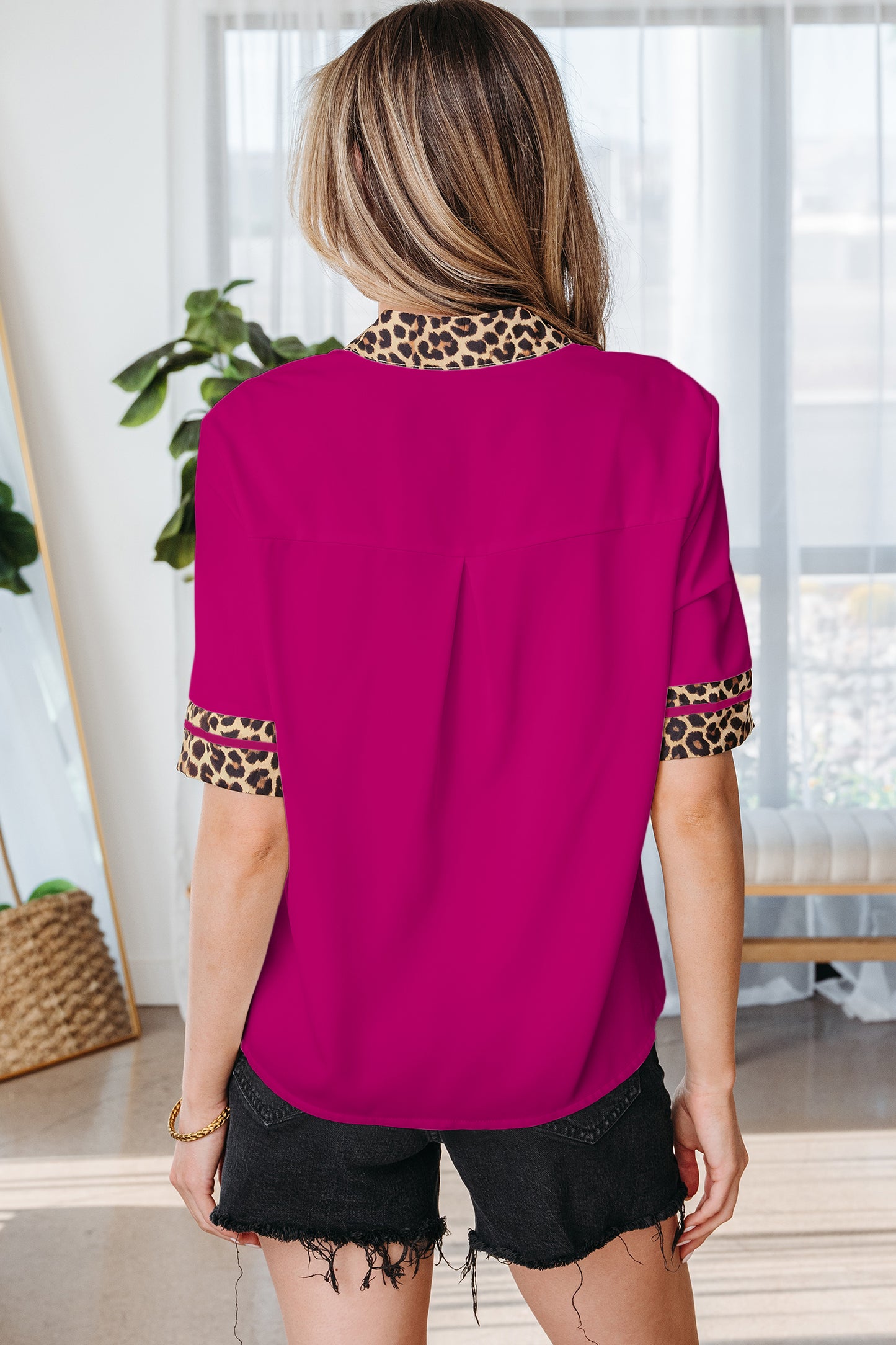 Violet Leopard Patchwork Trim Split Neck Short Sleeve Blouse