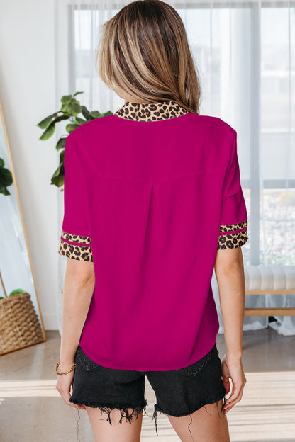 Violet Leopard Patchwork Trim Split Neck Short Sleeve Blouse