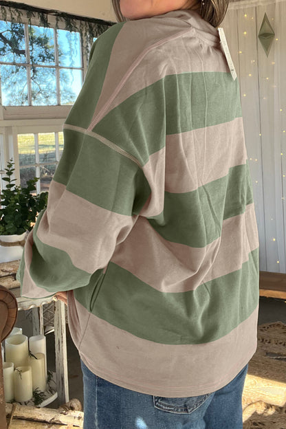 Green Striped Colorblock Zipper Pullover Long Sleeve Loose Top