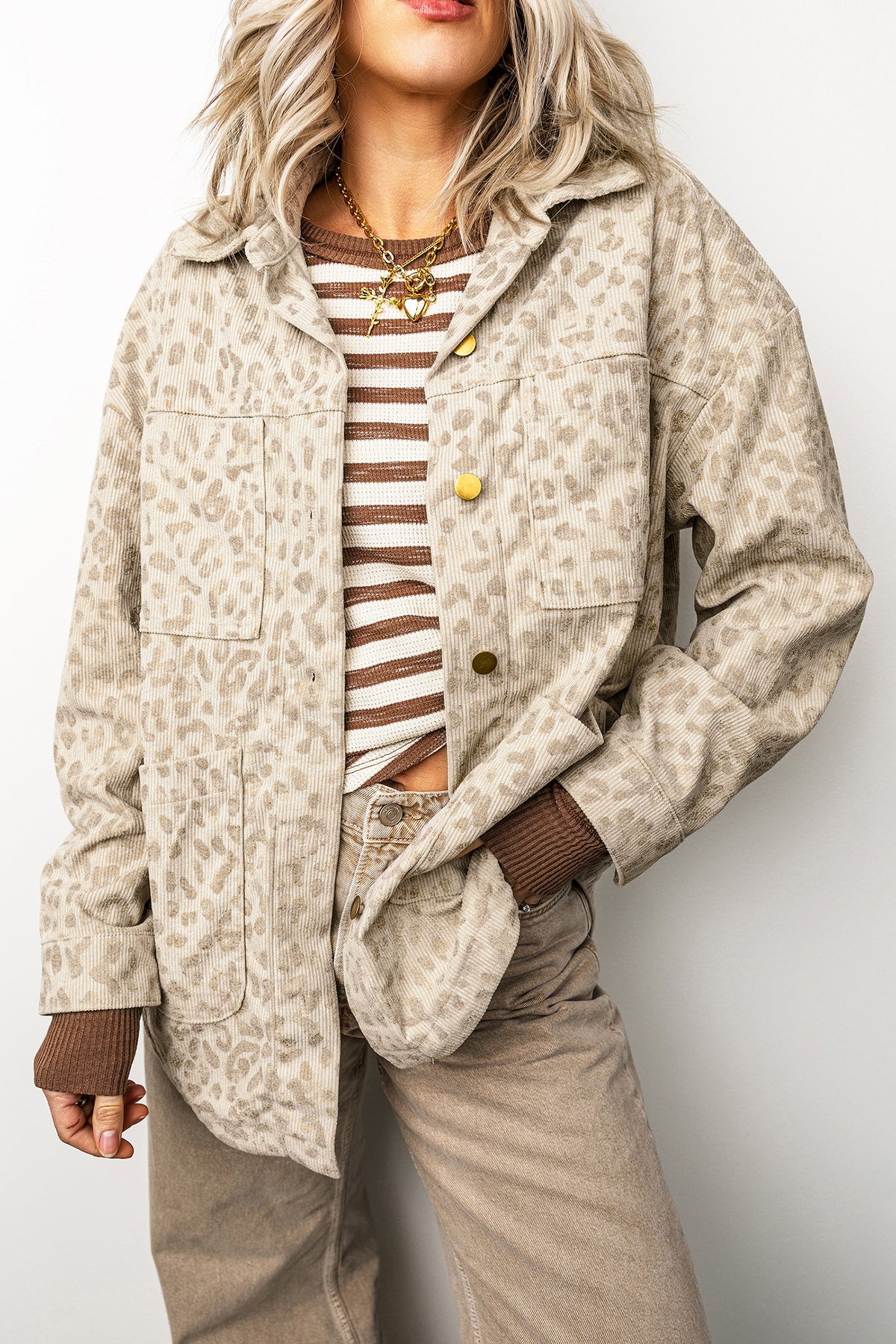 Khaki Leopard Print Corduroy Shirt Collar Long Sleeve Regular Fit Jacket