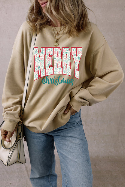 Sweat-shirt graphique imprimé « MERRY Christmas » avec éléments festifs en parchemin