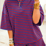 Navy Stripe Striped Ribbed Cotton Two-Piece Short Set with Chest Patch Detail