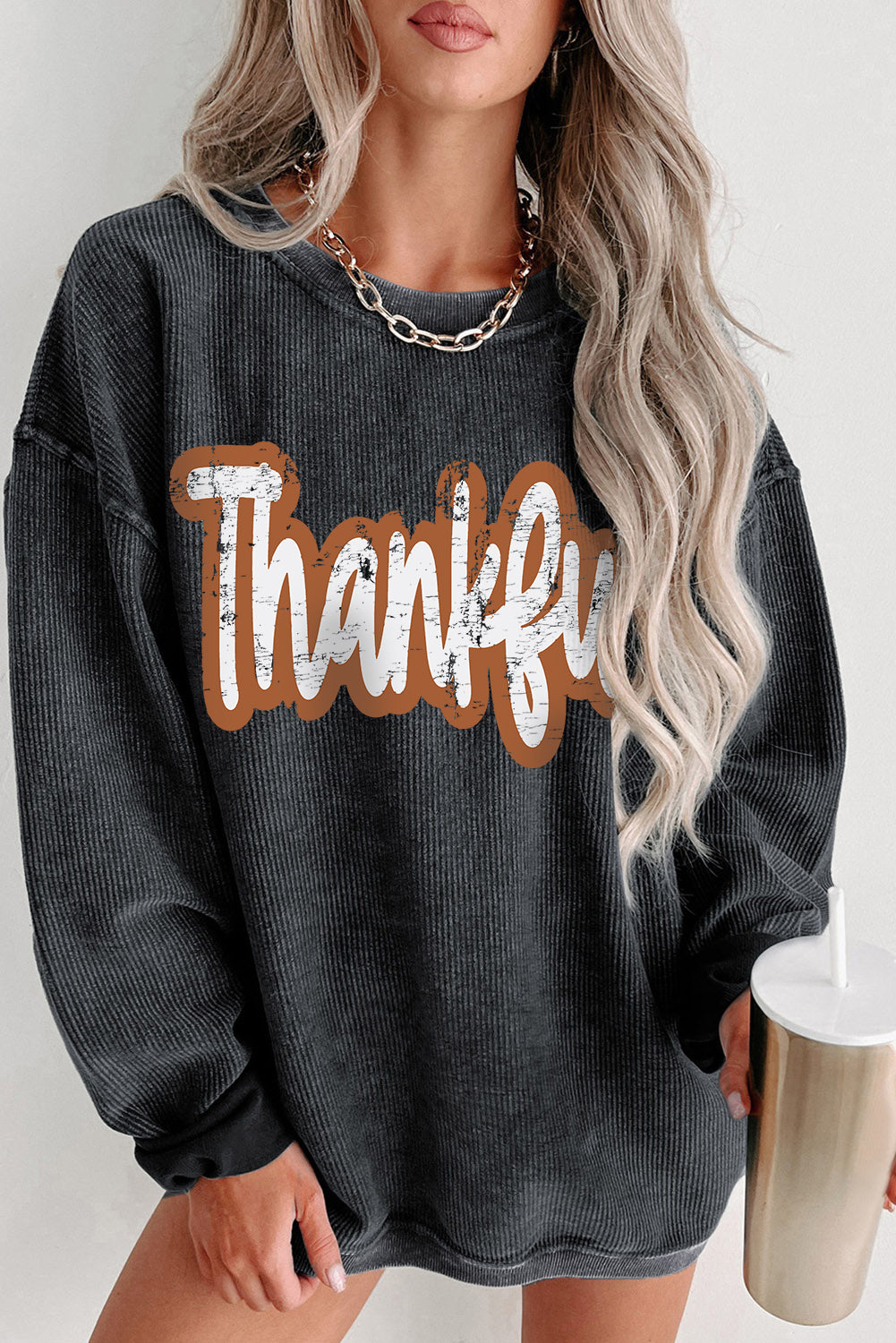 Sweat-shirt noir à cordon imprimé Thankful pour Thanksgiving