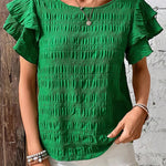 Dark Green Textured Ruffled Sleeve Round Neck Top