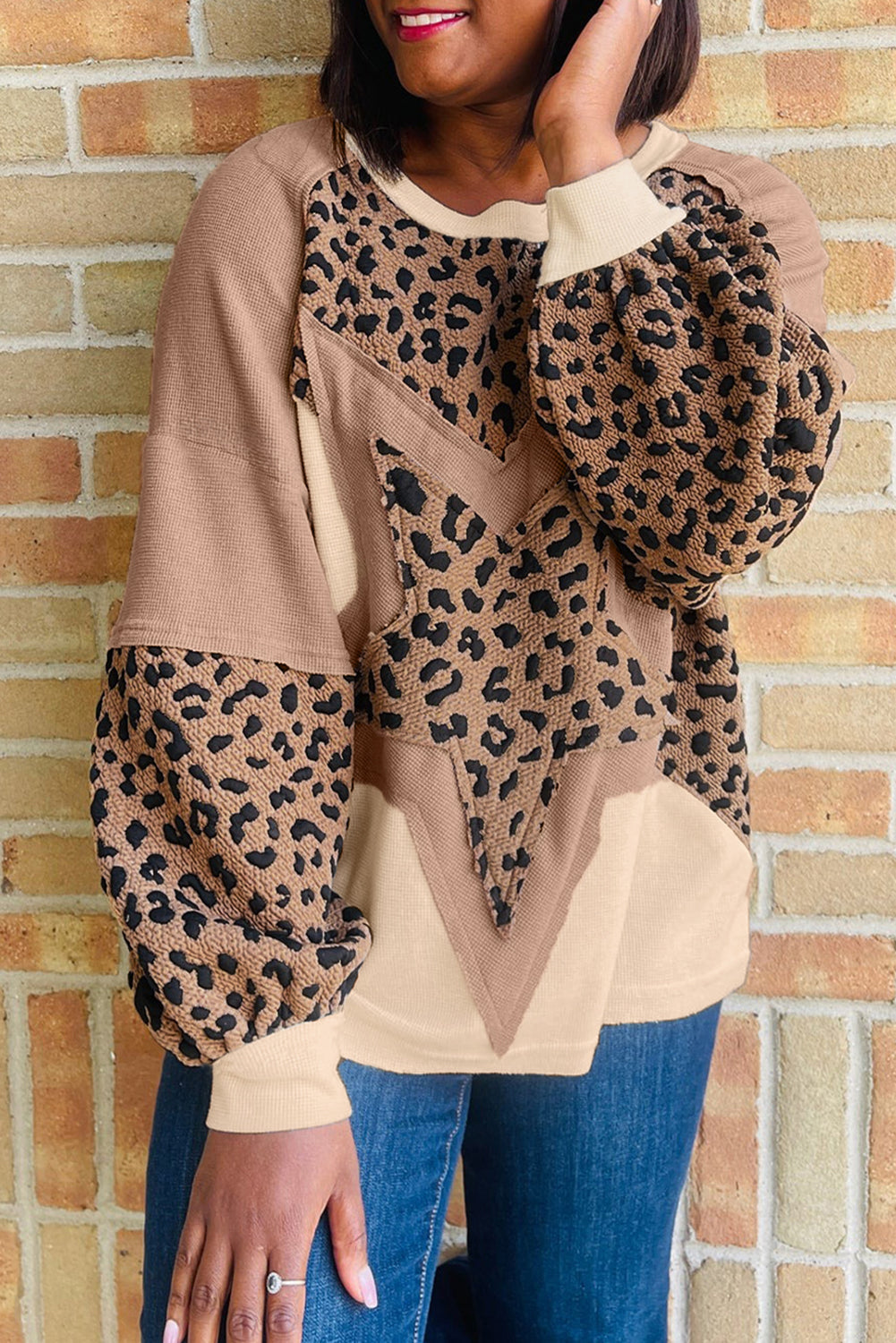 Light French Beige Leopard Star Color Block Patchwork Textured Baggy Sweatshirt