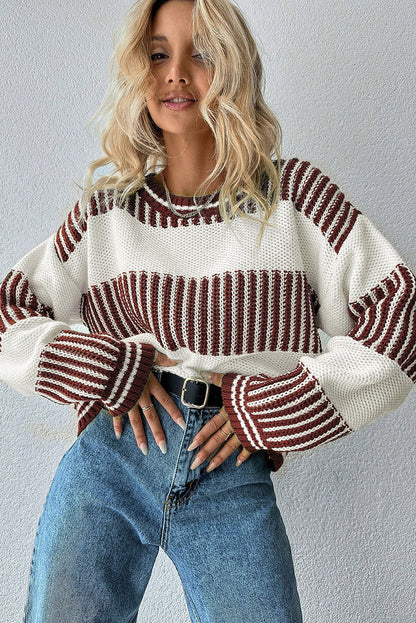 Brown Two Tone Striped Patchwork Drop Shoulder Loose Sweater