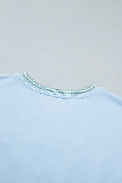 Beau Blue Embroidered Cowboy Letter Print Long Sleeve Round Neck Sweatshirt