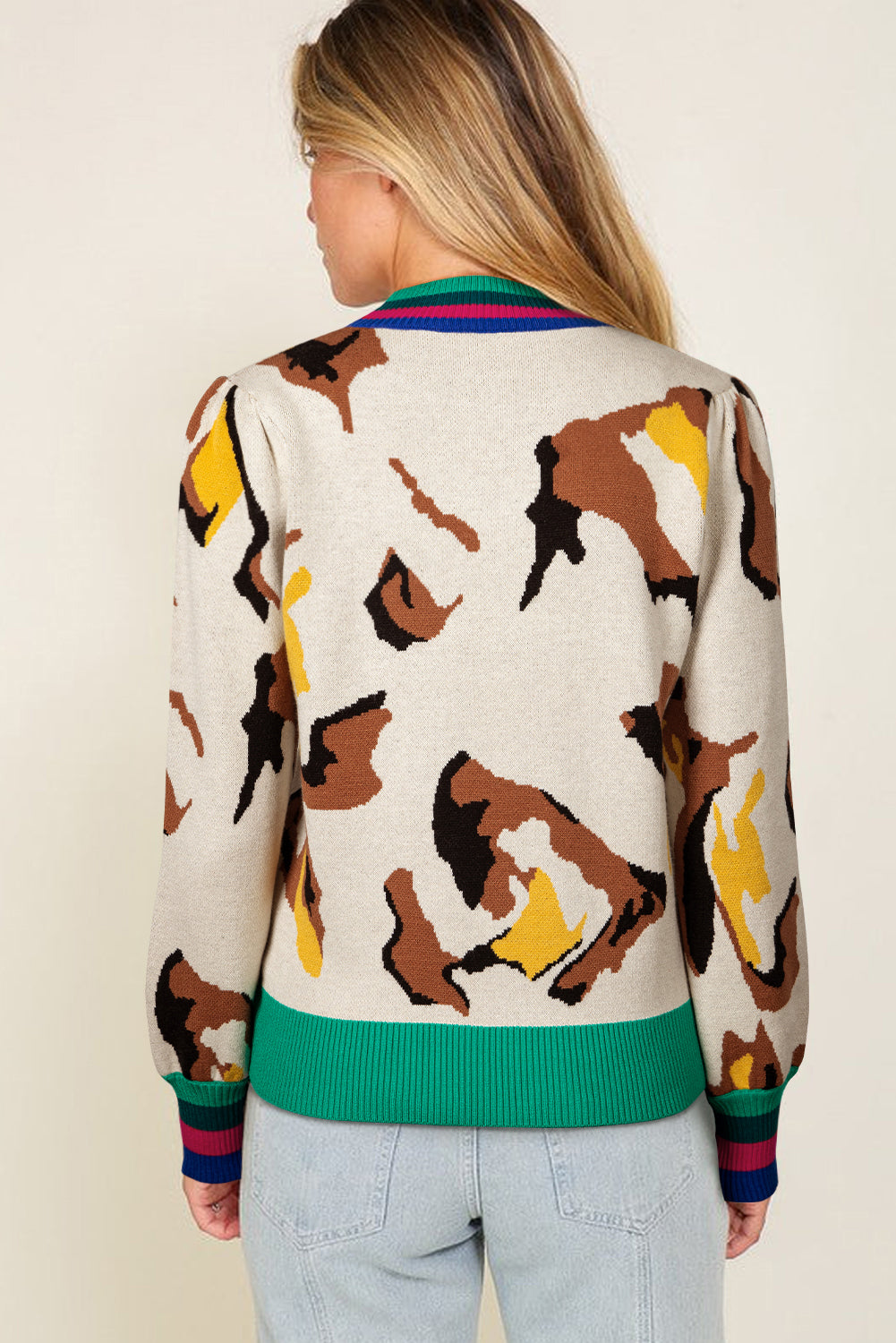 Apricot Contrast Ribbed Stripes Detail Animal Pattern Knit Sweater
