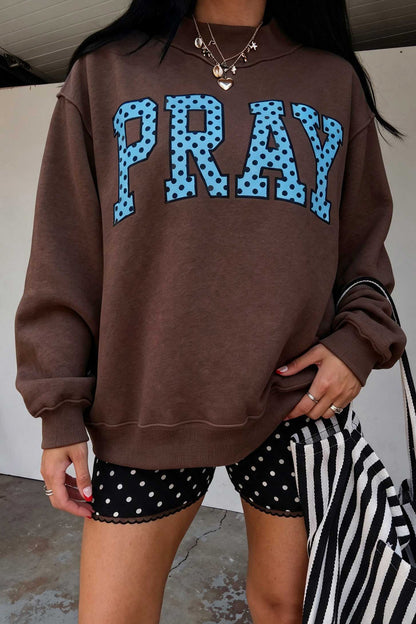 Coffee PRAY Polka Dot Embroidered Mock Neck Sweatshirt
