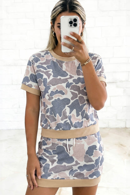 Multicolour Retro Camouflage Color Block Trim Skort 2pcs Outfit