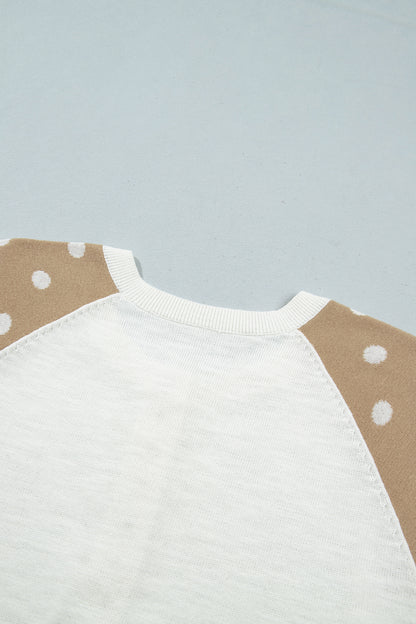 Khaki Polka Dot Contrast Long Sleeve Button V Neck Sweater