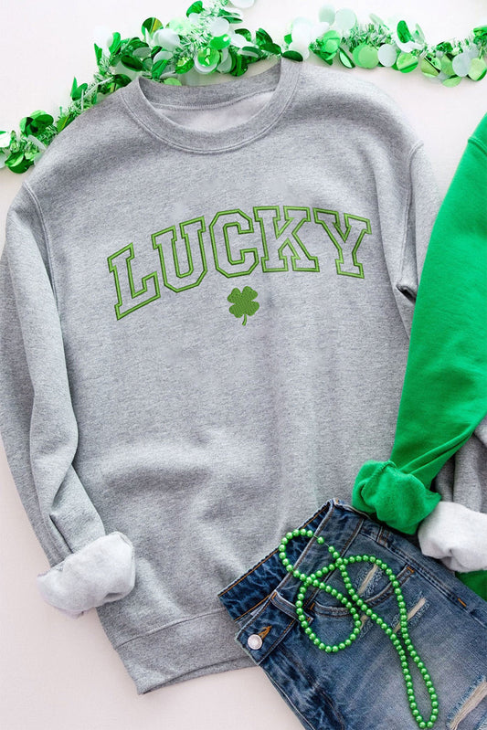 LUCKY Clover Embroidered Pullover Sweatshirt