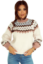 Suéter con cuello alto y ribete de canalé con estampado geométrico caqui