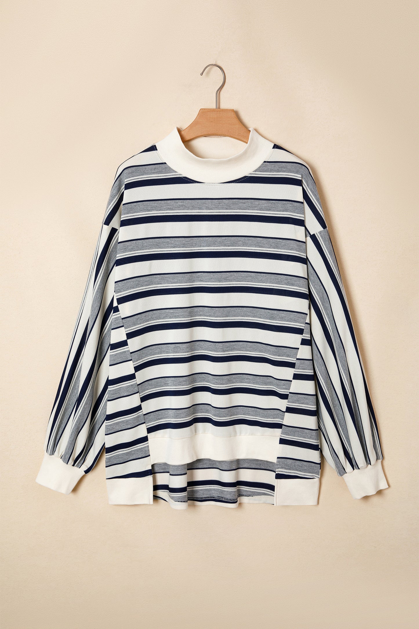 Blue Stripe Striped Ribbed Stand Neck Long Sleeve Shift Silhouette Sweatshirt