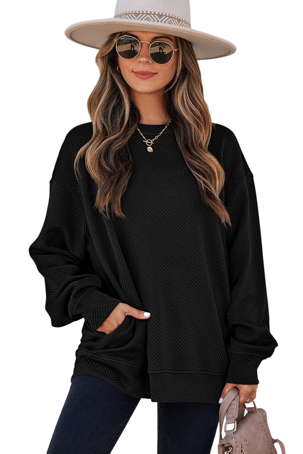 Black Solid Color Textured Round Neck Drop Shoulder Pullover Sweatshirt