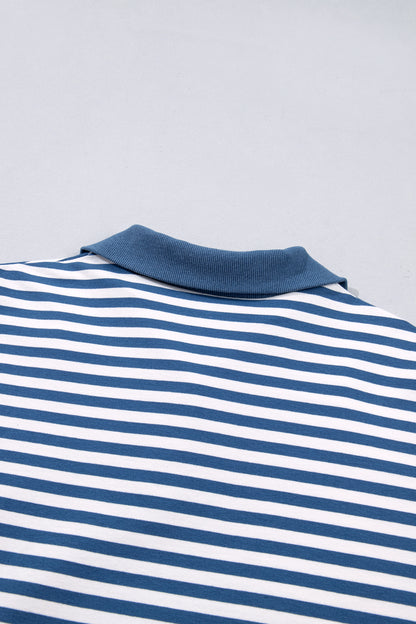 Blue Stripe Color Block Trim Raw Seam Split Hem Loose Pullover Sweatshirt