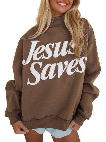 Dark Brown Jesus Saves Slogan Print Stand Neck Baggy Sweatshirt