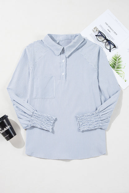 Gray Pinstripe Long Sleeve Smocked Cuffs Button Shirt Collar Blouse