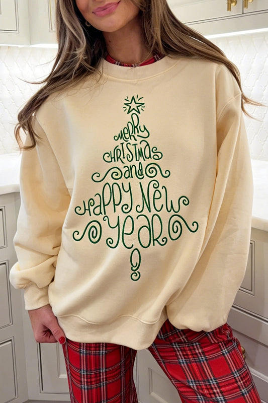 Apricot Merry Christmas and Happy New Year Embroidered Holiday Slogan Sweatshirt