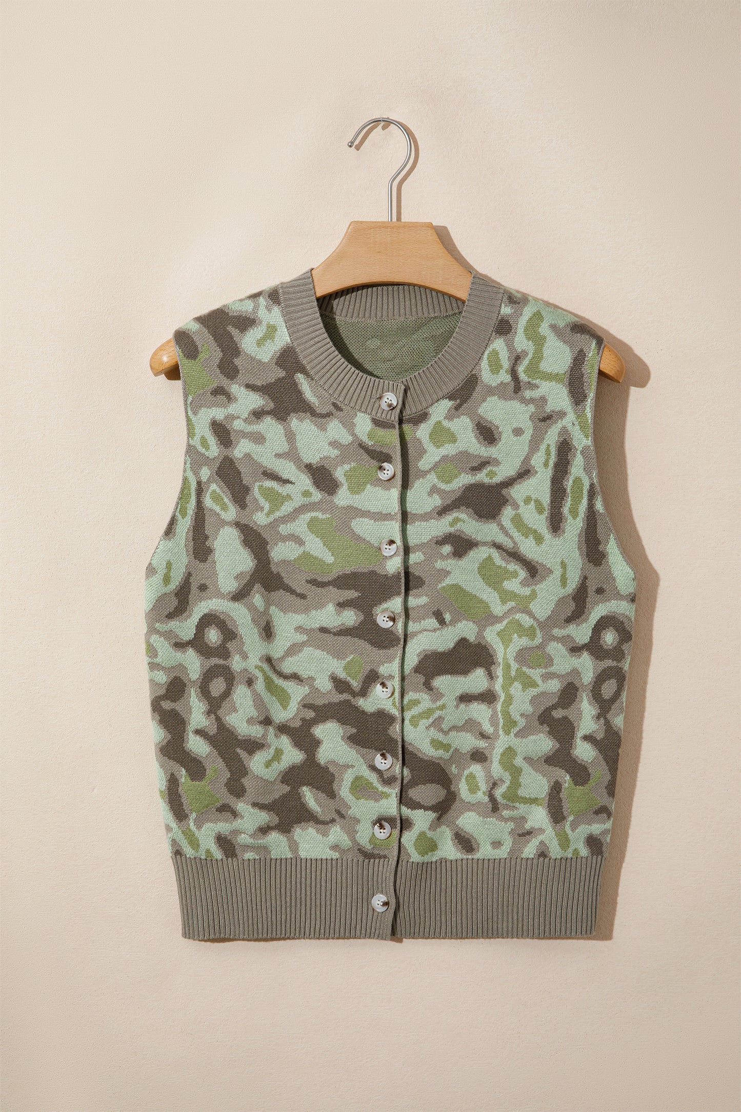 Green Camo Print Button Front Loose Sweater Vest