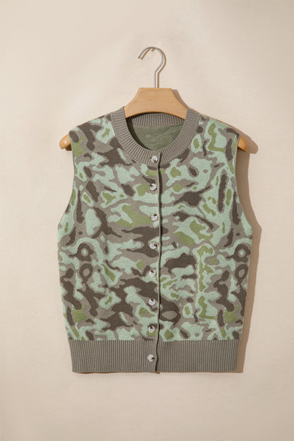 Green Camo Print Button Front Loose Sweater Vest