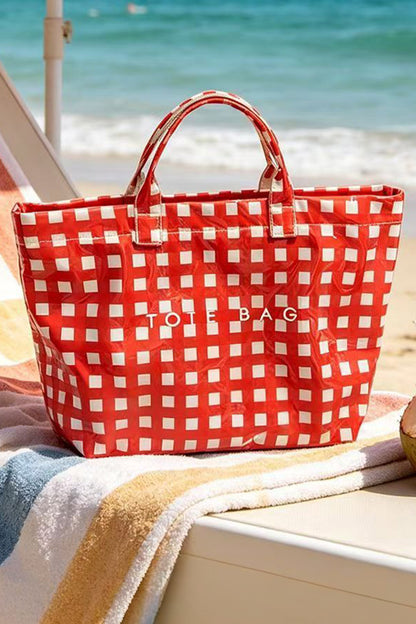 Fiery Red Plaid Pattern PVC Beach Carryall Tote Bag