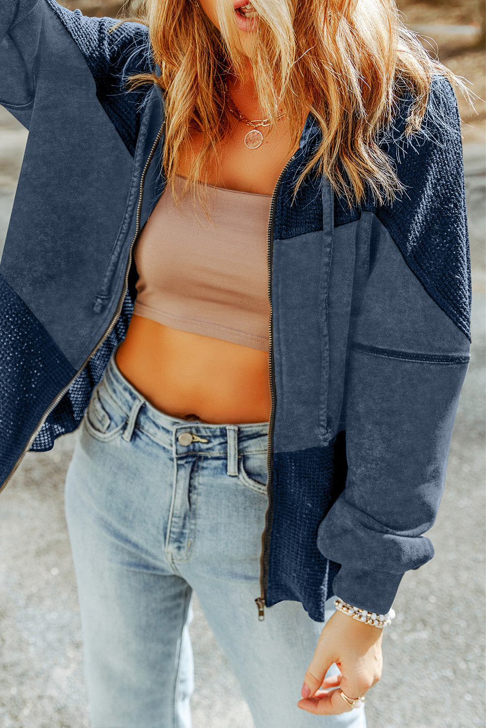 Khaki Waffle Patchwork Vintage Washed Hooded Jacket