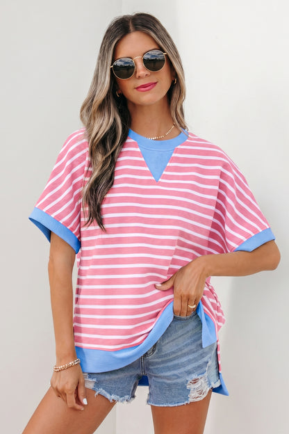 Sky Blue Stripe Contrast Trim Loose Short Sleeve Top